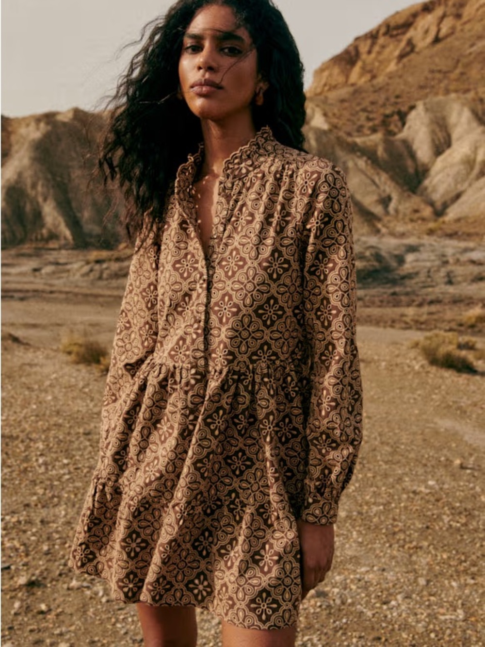 Sezane Hidaya Dress - Brown Printed Long-Sleeve Mini Dress
